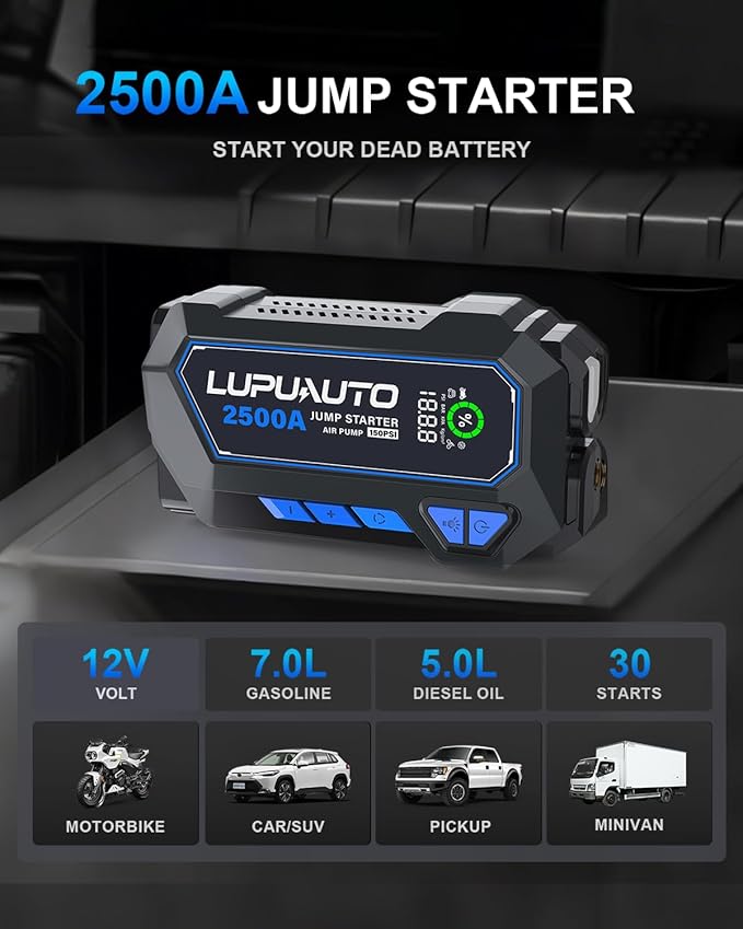 2500A Portable Jump Starter, Car Battery Jump Starter with Air Compressor, USB-C Power Bank Charger, Jumper Cables for up to 7.5-Liter Gas and 5.0-Liter Diesel Engines