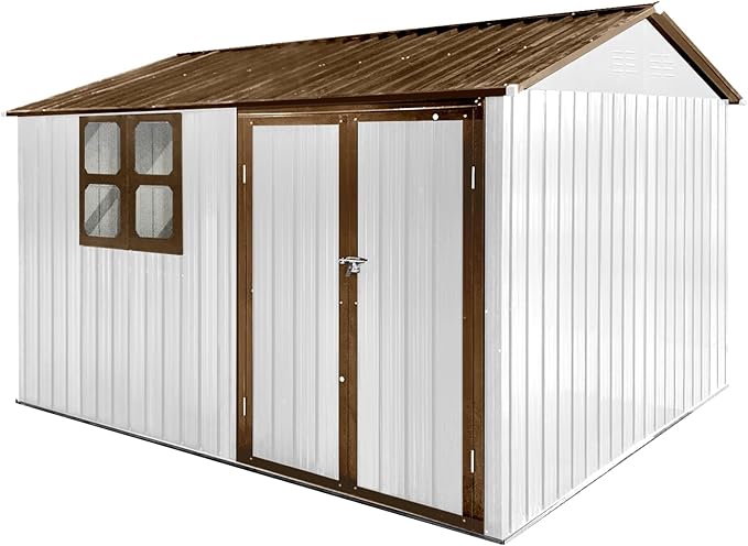 8x10 FT Outdoor Storage Shed, Metal Garden Shed with 4-pane Window, Outside Tool Shed with Lockable Hinged Doors & 4 Air Vents, Waterproof Storage Building for Backyard, Patio, Lawn, White+Coffee