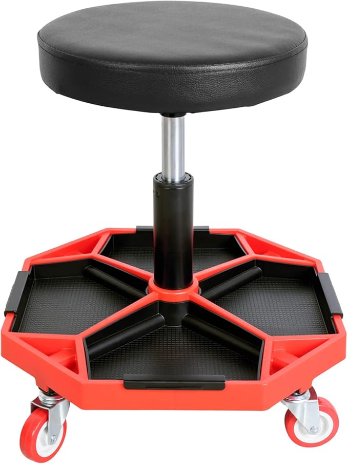 Torin ATRXF8308B Pneumatic Mechanic Stool/Rolling Shop Creeper Seat with Adjustable Height and 4 Removable Tool Trays, 300 lb Capacity, Black/Red