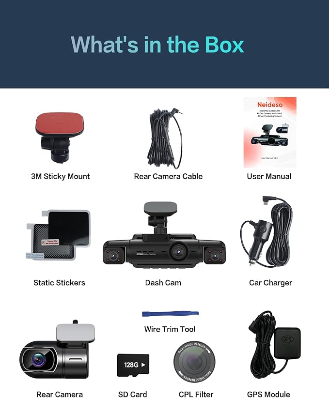 AI Dash Cam Front Rear Inside, 4 Channel 3k+1080P*3 Dashcam with Smart Driving Monitor System, 360° View Car Cameras 5GHz Wi-Fi GPS, Camera for Car Night Vision 128GB SD Card, 24H Parking Mode N700Pro