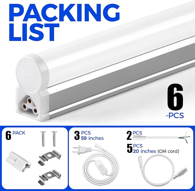 Barrina T5 LED Shop Light 2FT, 6500K (Super Bright White), Utility Shop Lights, Ceiling and Under Cabinet Light, ETL Listed, Corded Electric with Built-in ON/Off Switch, 6 Pack
