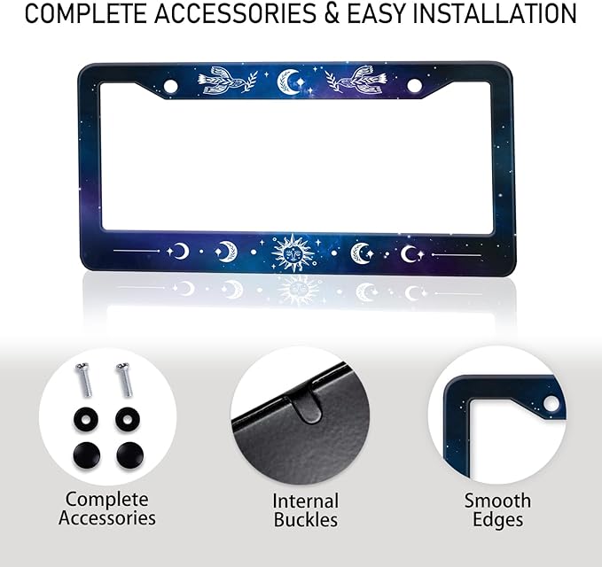 Starry Sun Moon License Plate Frame, Night Sky Moon Phase License Plate Holder Cover, Metal Aluminum Rustproof Car Accessories for Us Canada Standard Women Men 2 Holes with Screw Caps