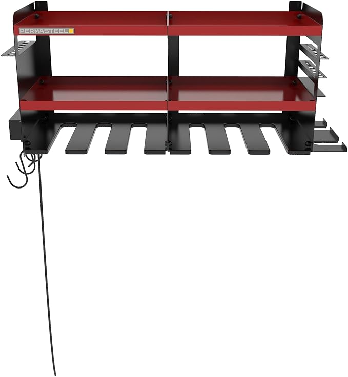 Permasteel Power Tool Organizer Wall Mount - 150 Lbs Load 3-Layer Heavy Duty Metal Storage Rack with Charging Station, Holds 6 Drills, 9 Hand Tools and 16 drill bits for Garage and Workshop, Red