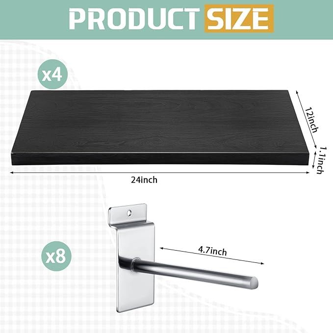 4 Pack Wooden Slatwall Shelf, Black Slatwall Shelves with Metal Hooks Organizer Set Mounted Accessories for Garage Home Workshop Workbench 23.6" x 11.8" x 1.1"