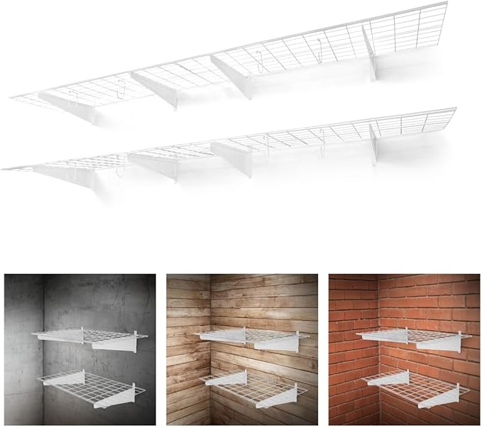 Fencer Wall Mounted Garage Shelving - 96" W x 18" D, 4 Hooks, White, Heavy Duty, 1000lb Capacity