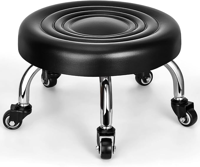 Low Rolling Stool, Low Stool with Wheels, PU Leather Low Roller Seat Stool Chair, Rolling Seat Stool for Home Office Garage Shop (Style 2)