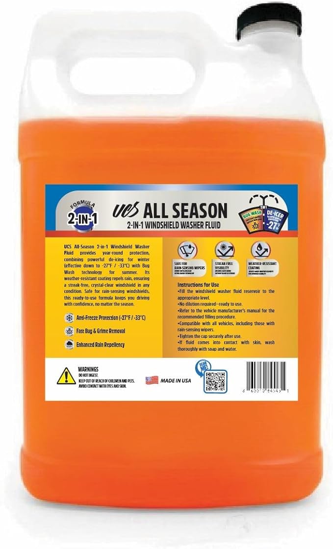 UCS Advanced All-Season Windshield Washer Fluid | Winter Protection to -27°F | 2-in-1 Bug Wash & Water Beading Technology | Streak-Free Visibility | Safe for Rain-Sensing Windshields | 1 Gallon