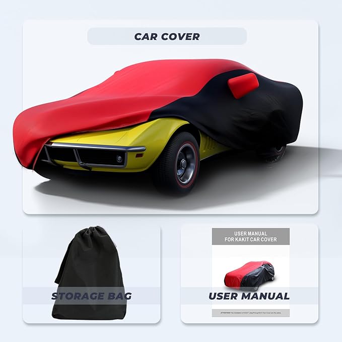 KAKIT Waterproof Car Cover Custom Fit for 1968-1982 C3 Stingray, UV Resistant Fade-Proof Cover for Chevy Corvette, Indoor & Outdoor Use (Red & Black Combo)