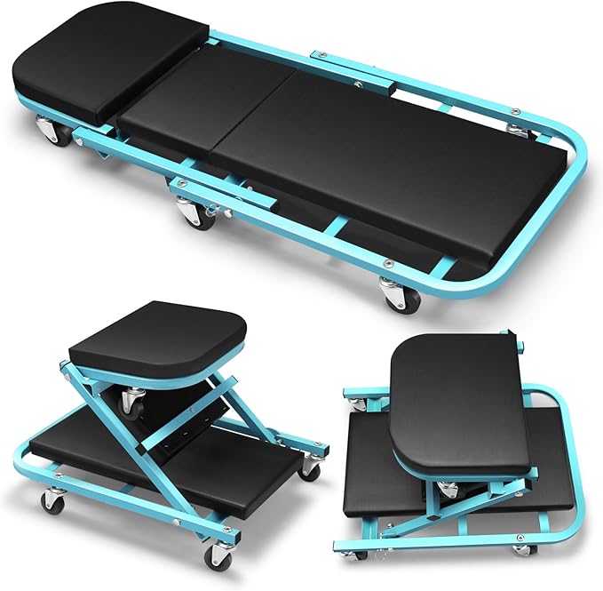 DNA MOTORING 40 Inches Folding 2 in 1 Rolling Z Creeper, Adjustable Roller Garage Chair Lay Down or Sit, 6 Pcs 2" Casters, 150kg Weight Capacity, Tiffany Blue, TOOLS-00187-TB