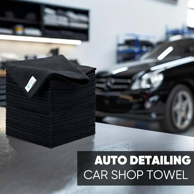 16" x 16" All Purpose Microfiber Towels - 50 Pack - Reusable Wash Cloths, Dust, Kitchen, Car, Shop Rags for Cleaning (Black)