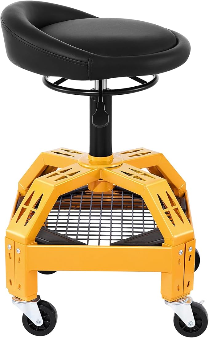 VEVOR Rolling Garage Stool, 300LBS Capacity, Adjustable Height from 24 in to 28.7 in, Mechanic Seat with 360-degree Swivel Wheels and Tool Tray, for Workshop, Auto Repair Shop, Yellow