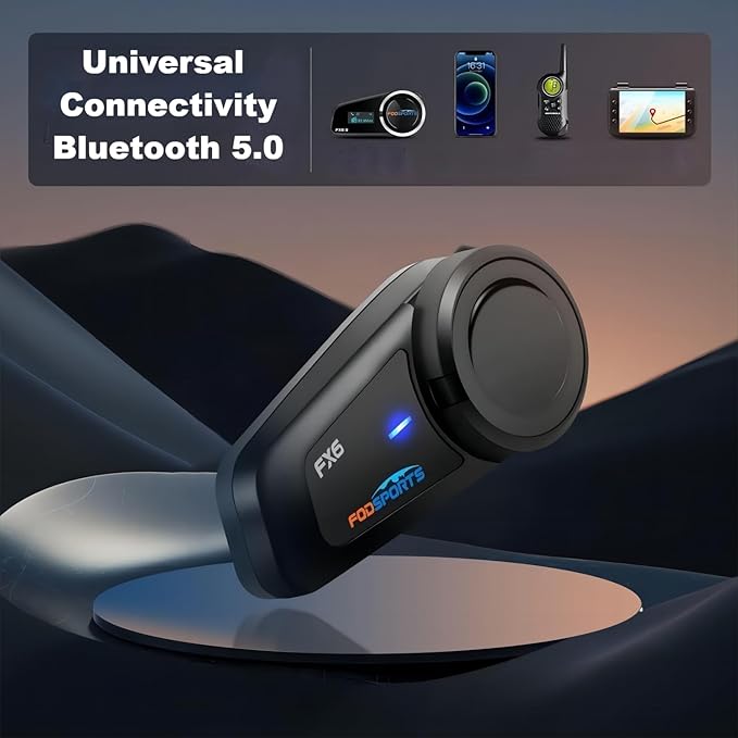 Fodsports FX6 Motorcycle Bluetooth Headset, 6 Riders Group Motorbike Bluetooth Intercom, 1000m Motorcycle Helmet Communication Systems/Voice Dial/Universal Pairing/FM Radio (1 Pack)