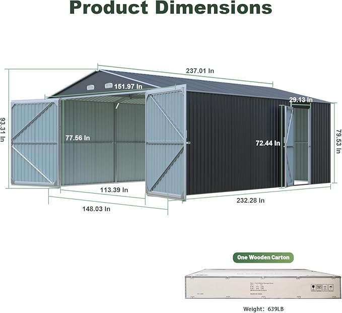 Outdoor Storage Shed 20x13 FT, Sheds & Outdoor Storage Clearance - Metal Garage Shed for Car, Truck, Bike, Garbage Can, Tool, Lawnmower - Backyard Tool House Building with 2 Doors and 4 Vents