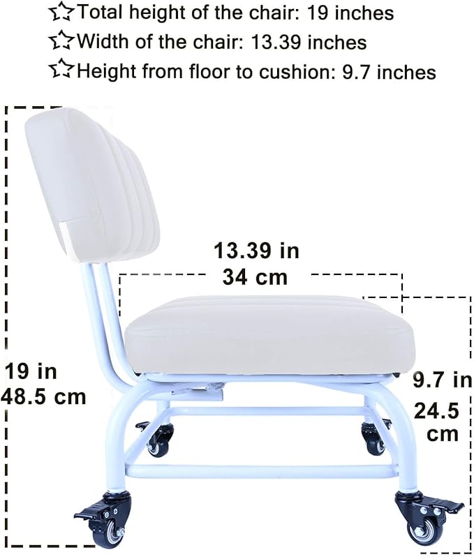 Rolling Stool and 4 Wheels with Brakes Rolling Chair for Home Office Garage Shop Roller Seat Water-Proof High Density Cushion and Steel White