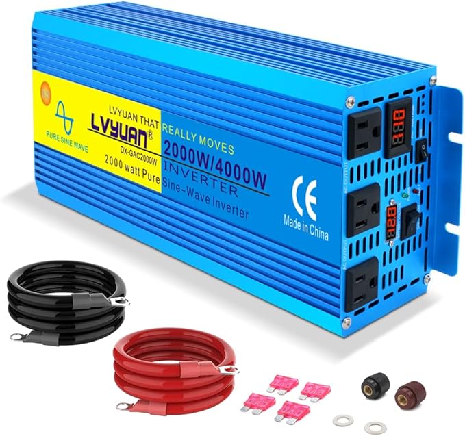 LVYUAN 2000 Watt Pure Sine Wave Inverter 12V to 110V 120V DC to AC with 3 AC Sockets, LED Display, Car Power Inverter for Vehicles Home RV Camping Truck Solar System