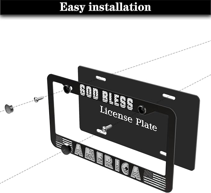License Plate Frames Black and White License Plate Frame God Bless America Aluminum Metal Car Accessory 2 Pack with Screw Covers Set