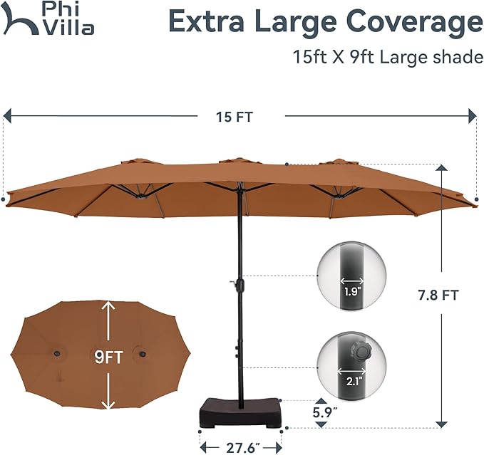 PHI VILLA 15ft Large Patio Umbrellas with Base, Outdoor Double-Sided Rectangle Market Umbrella for Pool Lawn Garden, Maillard Brown