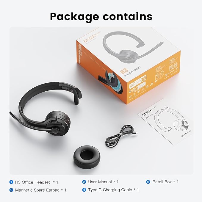 EKSA H3 Trucker Bluetooth Headset V5.4, Wireless Headphones with Mic Noise Cancelling, Mute Button & Replacement Ear Cushion, 65Hrs Driver Bluetooth Headset for Cellphone Office Work