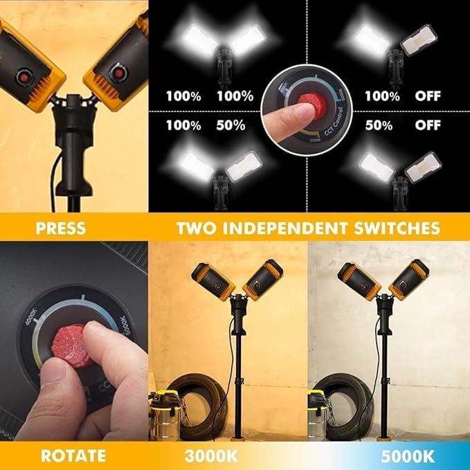 LUTEC 【Upgraded】 6290Max 15000 Lumen 138W Dimmable LED Work Light with Telescoping Tripod, Adjustable Color Temperature Dual-Head Work Light with Stand and 8 Ft 3-Prong Power Cord