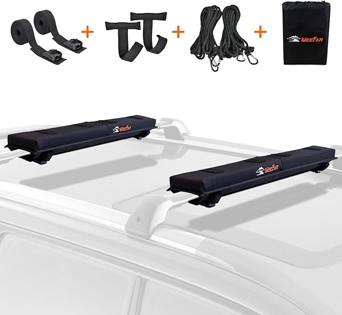MeeFar Universal Roof Rack Pads Fit on Cross Bars - for Kayak/Surfboard/SUP/Canoe with 2 Heavy Duty Tie Down Straps, 2 Tie Down Rope, 2 Quick Loop Strap and Storage Bag