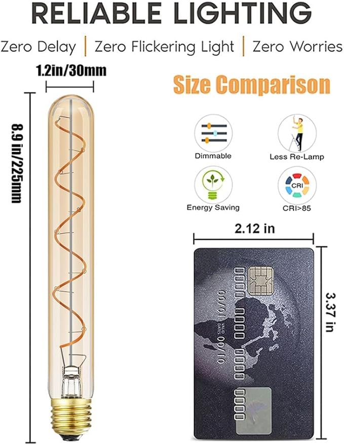Vintage LED Spiral Filament Bulb T10, 8.9inch Long Tubular Dimmable Edison Light Bulbs,E26 Base,Amber Glass,Warm White,2200K, 400LM(40W Equivalent), Pack of 4