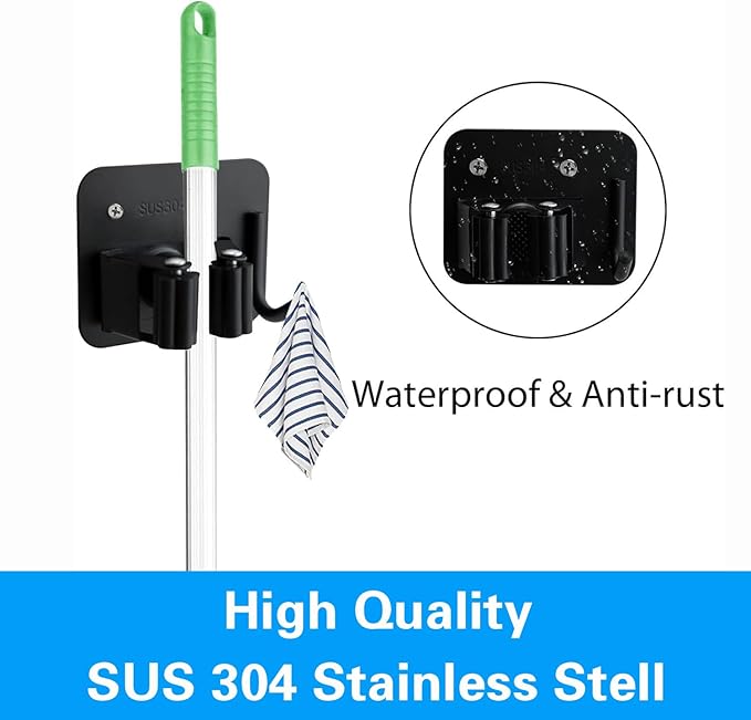 5 Pack Broom Holder Heavy Duty Stainless Steel Broom Hanger with Hooks Screw Drilling Rust Resistant Mop and Broom Holder Wall Mount for Bathroom Kitchen Laundry Room Garage - Black