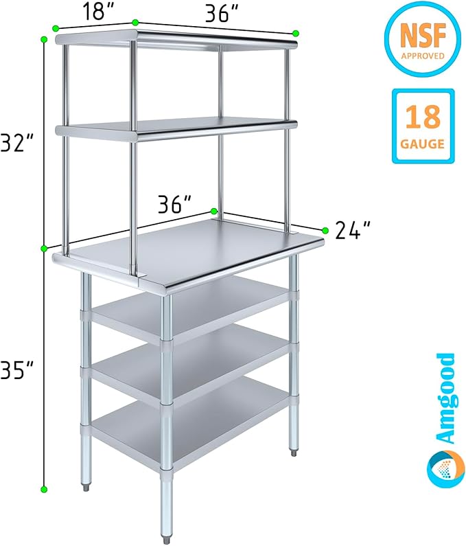 Amgood 24" x 36" Stainless Steel Work Table with 3 Shelves and 18" Wide Double Tier Overshelf | Metal Kitchen Prep Table & Shelving Combo | NSF