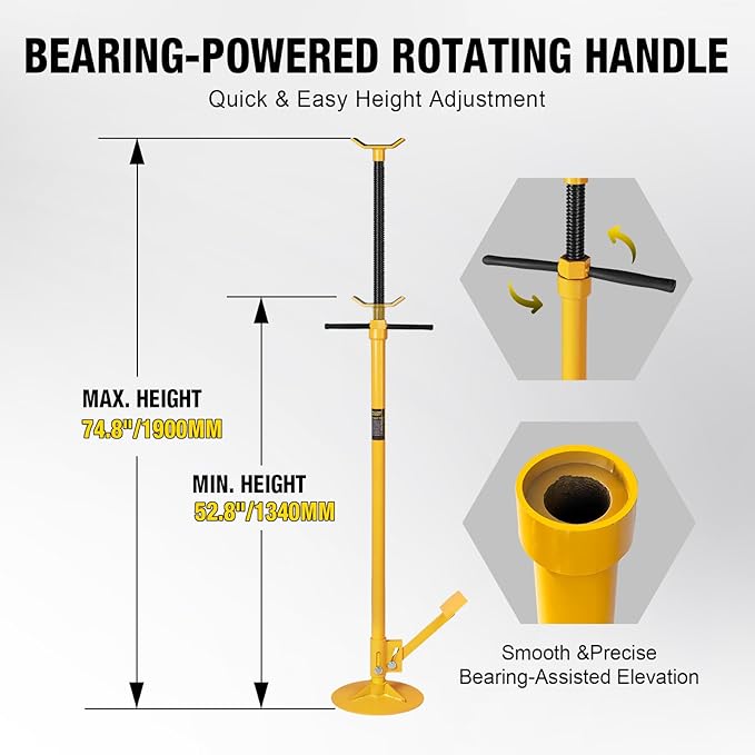 YELLOW JACKET Underhoist Support Stand 3/4 Ton Capacity with Foot Pedal, Lifting from 52.8" to 76.5", 12 Inch Diameter Base, Bearing Mounted Spin Handle, Contoured Saddle, Supports Vehicle Components