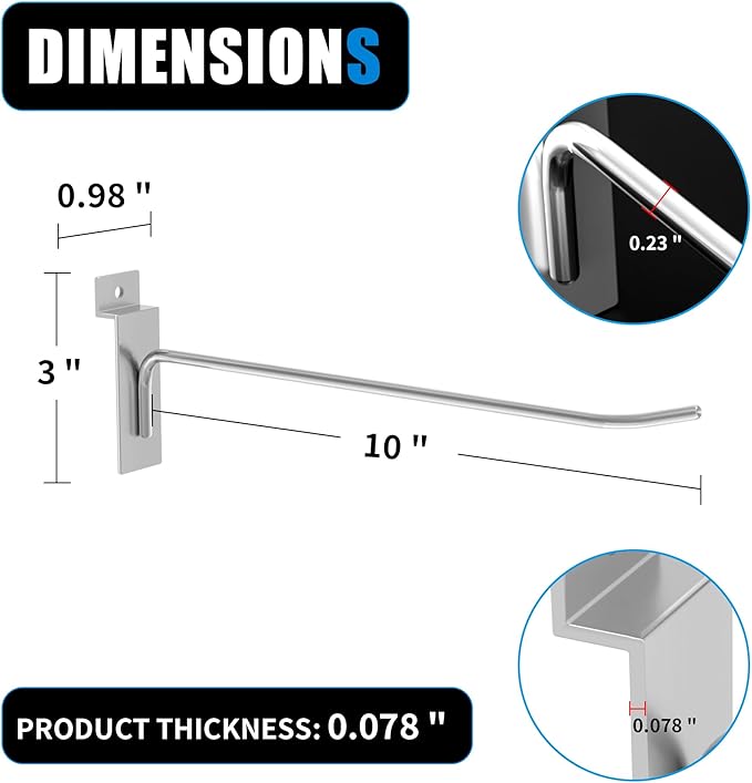 25 PK Silver 10 inch Wall Mounted Slatwall Hooks – Heavy-Duty Storage & Organization Solution