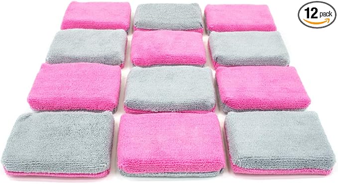 Autofiber Thin [Saver Applicator Terry] Ceramic Coating Applicator Sponge | 12 Pack | with Plastic Barrier to Reduce Product Waste. (Pink/Gray)