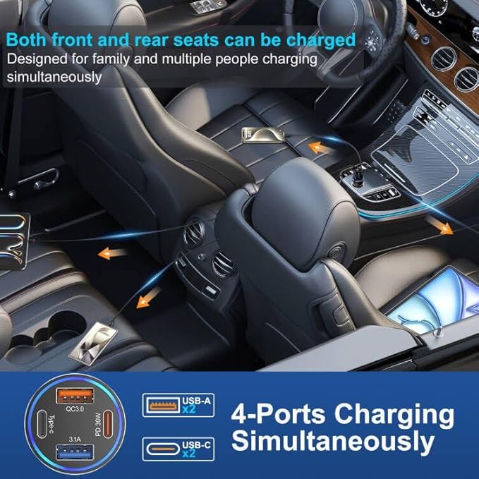 Car Charger USB C Fast Charging, 65W 4-Port Fast Car Phone Charger Accessories Dual USB-C & USB-A Cargador Carro Cigarette Lighter Adapter for iPhone 16 15 14 13 Pro Max,iPad,Samsung,Tablet,Android