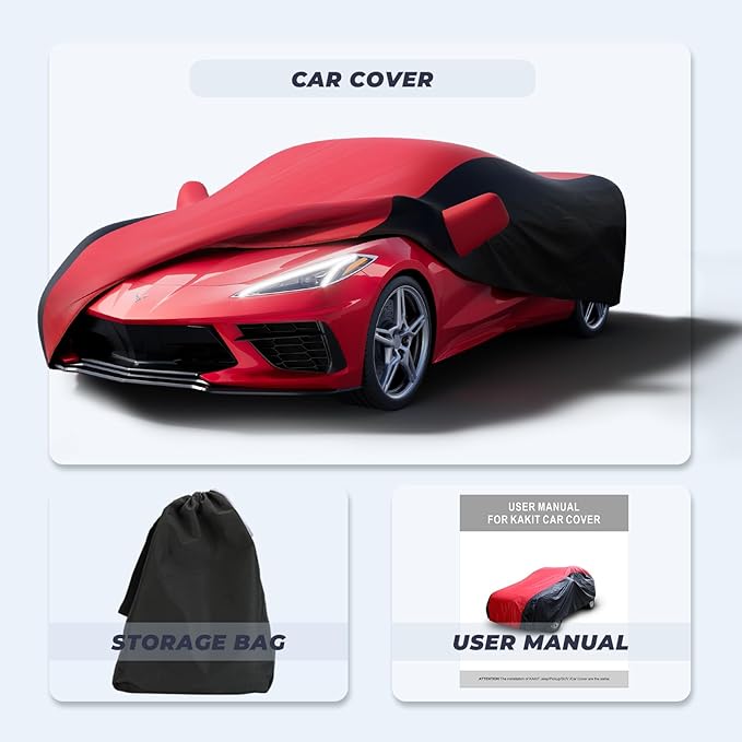KAKIT Waterproof Car Cover Custom Fit for 2020-2022 C8 Stingray, UV Resistant Fade-Proof Cover for Chevy Corvette, Indoor & Outdoor Use (Red & Black Combo)