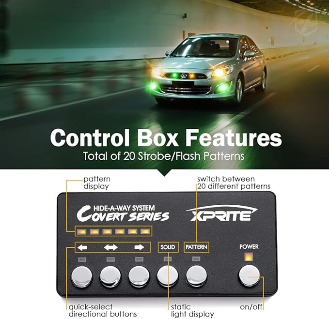 Xprite Amber Green LED Hideaway Strobe Lights Kit 20 Flashing Patterns w/Control Panel Headlights Taillights Fog Marker Light Mounting, for Roadside Emergency Vehicles Trucks SUV Vans 12V Cars 6 PCs
