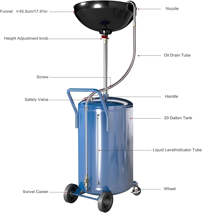 20-Gallon Waste Oil Drain Tank, Portable Air Operated Oil Drains with 360 ° Wheels,Oil Drain Container with Adjustable Funnel Height, Oil Change Container Suitable for Car Repair Shops and Garages