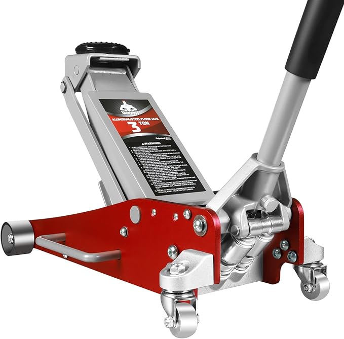 3 Ton Low Profile, Aluminum and Steel Racing Floor Jack with Dual Pistons Quick Lift Pump for Sport Utility Vehicle, Lifting Range 3-15/16" min to 18-5/16" max, Net Weight 58.5 lb, Red