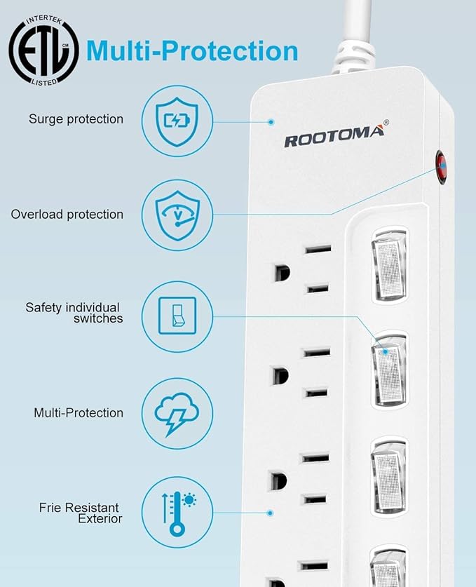 10FT Heavy Duty Extension Cord with Individual Switches on Off, 1875W Appliance Extension Cord with Surge Protector, 6 outlets, High Wattage for Microwave, Aquarium, Kitchen, Garage Must Have