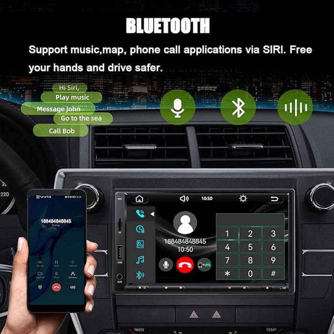 7 Inch Double Din Car Stereo with Wireless Apple Carplay & Android Auto Navi Radio Head Unit with Touch Screen Bluetooth AM/FM Receiver/Mirror Link/Backup Camera/TF/AUX/USB Input