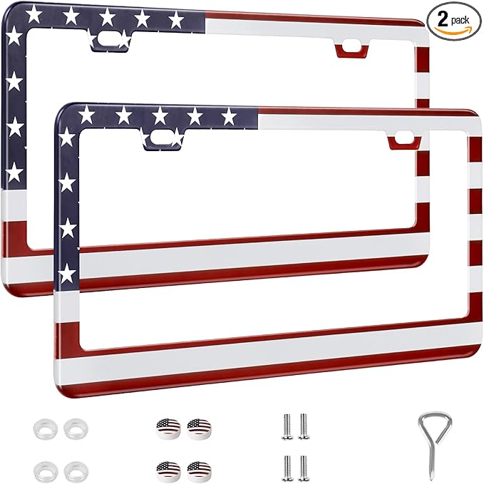 2 Pack License Plate Frames, Stainless Steel Car License Plate Cover Car Accessories with Screw Caps (Red and Blue)