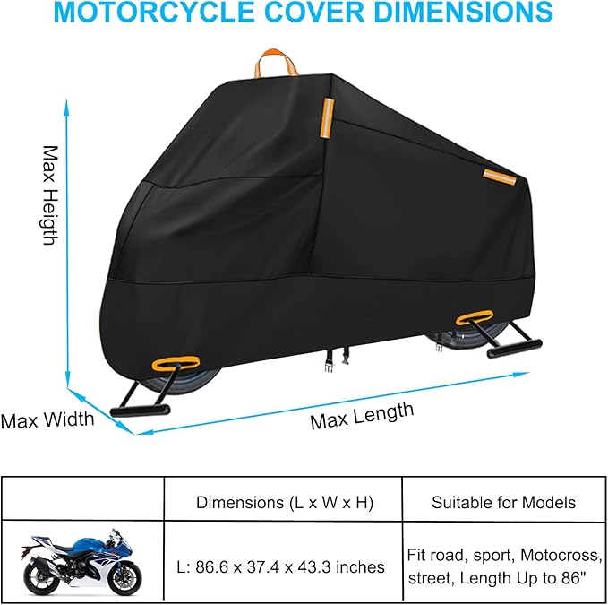 Motorcycle Cover Waterproof Outdoor, 300D Heavy Duty Motorcycle Cover for Ninja 250 300 650 1000 Yamaha YZF R1 R7 MT-09 Suzuki GSXR 600 750 1000 Scooter Cover Protection Fits up to 86" - Black