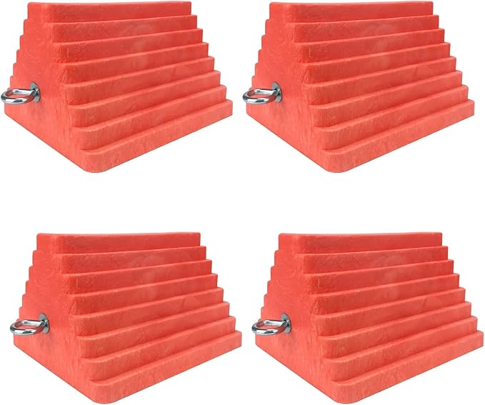 Premium 4 pcs Heavy Duty Wheel Tire Chocks, Vehicle Chocks with Eyebolt for Travel Trailers, Camper, Truck, Car and ATV 4 Pack, Orange