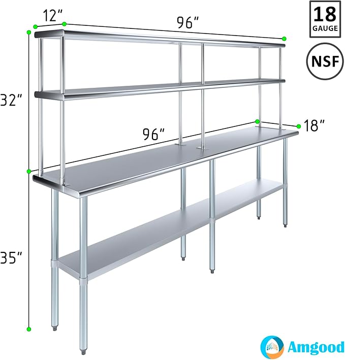 Amgood Stainless Steel Work Table Double Tier Overshelf | Metal Kitchen Prep Table & Shelving Combo (18" x 96" Work Table + 12" Overshelf)
