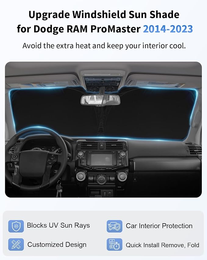 Windshield Sunshade for 2014-2024 2025 2026 Dodge Ram ProMaster Accessories Full Size Cargo Van Chassis Cab Cutaway Front Window Sun Shade Heat UV Rays Reflector Windshield Cover Sun Visor Protector