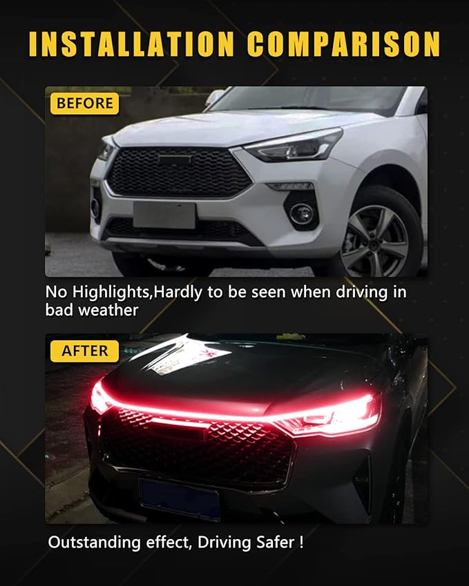 YM E-Bright Led Hood Light Strip Exterior Led Strip Lights for Cars Waterproof Flexible DRL Dynamic Scan Start Up Hoodbeam Kit Daytime Running Lights for Car,Truck,SUV,12V 70inch,Red,1 Set