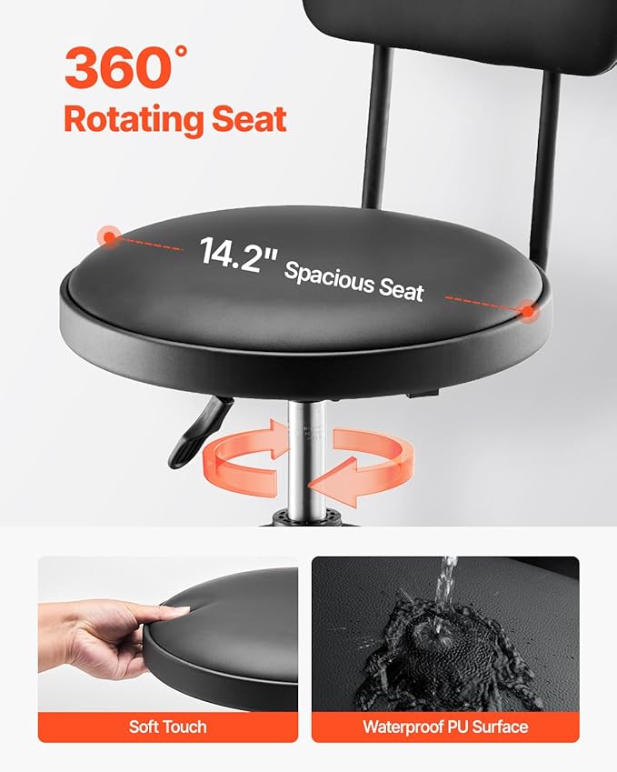 VEVOR Shop Stool with Backrest, Pneumatic Garage Seat/Work Stool with 300 lbs Capacity, Adjustable Height Roller Creeper Seat, 360° Swivel Padded Workshop Stool, for Garage, Shop & Auto Repair, Black