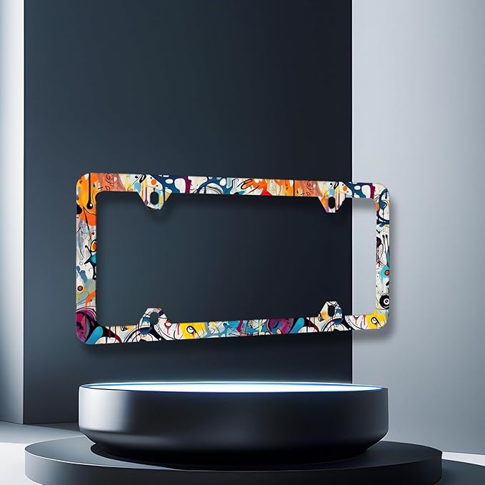 Abstract Graffiti Pattern License Plate Frame Colorful License Plate Stainless Steel Car Accessory Funny License Plate Auto Parts Decoration Men Women Size 12.2" x 6.2" with Screws
