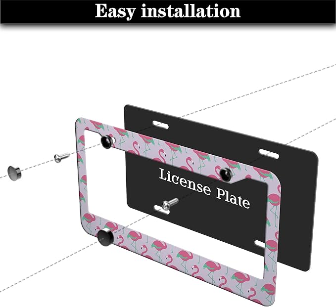 License Plate Frames for Girl Pink License Plate Cover for Women Pink Flamingo Animals Aluminum Metal Car Accessory 2 Pack with Screw Covers Set
