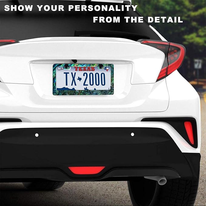 Universal License Plate Frame - Heavy Duty Rustproof Aluminum Matte Black Car Tag Holder Bracket Fits All US States, Easy Install with Screws Included (Faux Abalone-2pc)