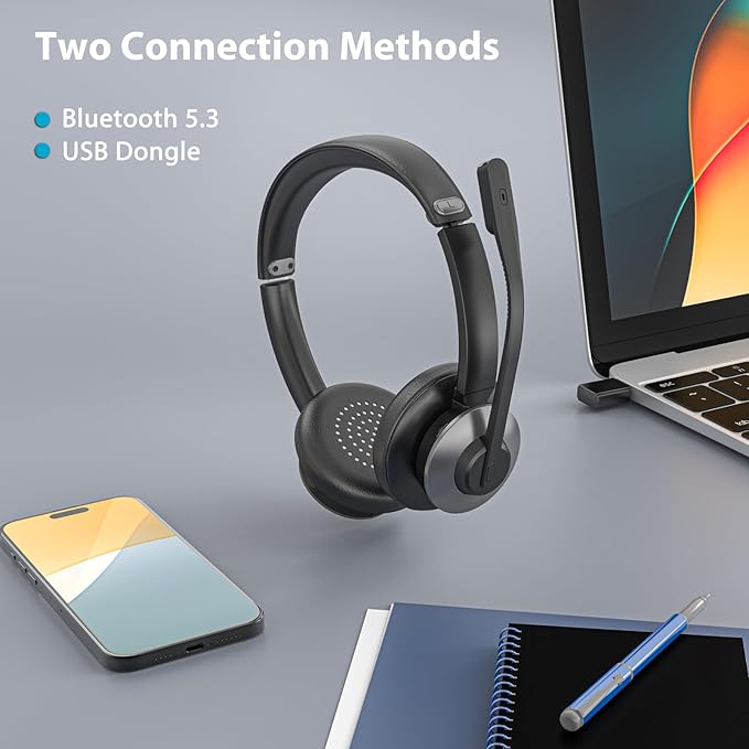 Bluetooth 5.3 Headset, Wireless Headset with Mic for Work, Wireless Headphones with Mic Noise Cancelling & USB Dongle, 26H Working Time & Mute Function, Fit for PC/Laptop/Office/Call Center/Zoom/Home