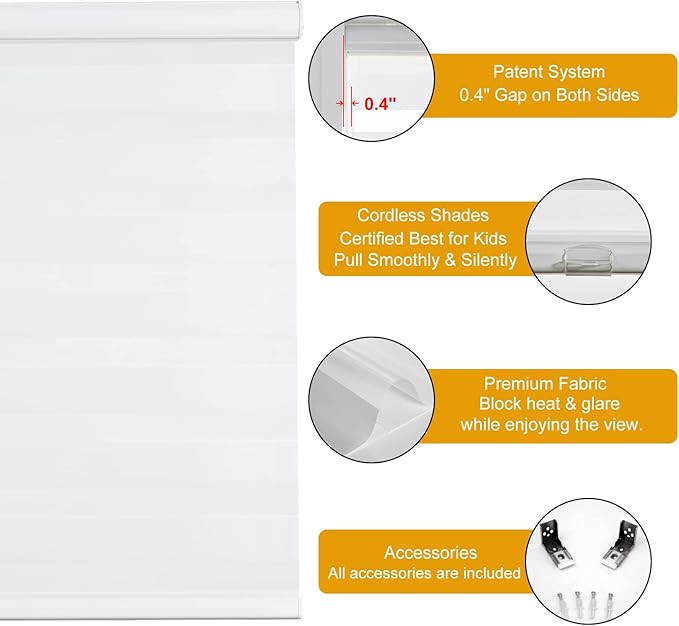 Persilux Zebra Blinds for Windows, Cordless Roller Blinds (34.5" W x 72" H, White) Light Filtering Sheer Window Treatments, Light Control for Day and Night, Room Darkening Roller Shades for Windows