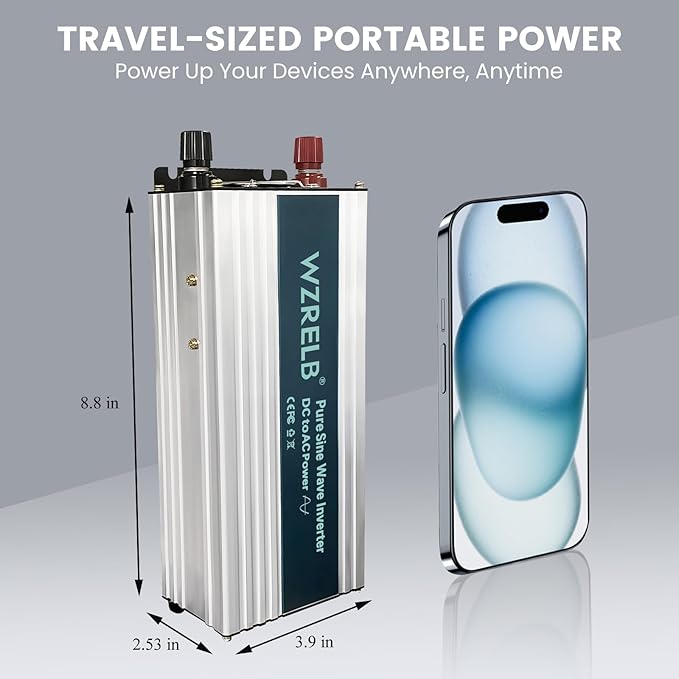 WZRELB 800W Pure Sine Wave Inverter 12V DC to 110V 120V AC Power Converter with LED Display, Off-Grid Portable Power Inverter with 2 AC Outlets for Home, RV, Truck, Camping